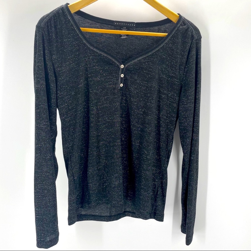 Apostrophe’ Glitter Striped Basic Black Top L/S